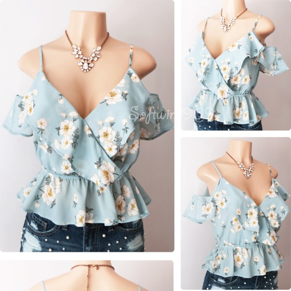Light Blue Floral Ruffle Cold Shoulder Cropped Top - Picture 3 of 8